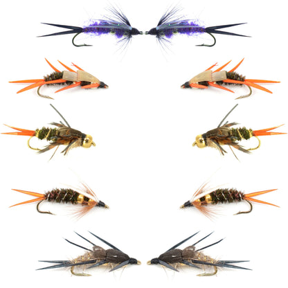Basics Collection - Double Bead Head Nymph Assortment - 10 Wet Flies - 5 Patterns - Hook Size 12