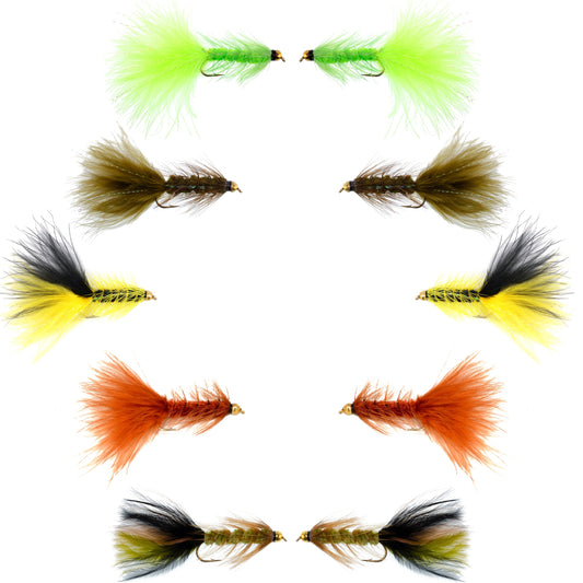 Basics Collection - Crystal Woolly Bugger Assortment - 10 Bead Head Wet Flies - 5 Patterns - Hook Size 4