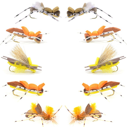 Basics Collection - Foam Hoppers Dry Fly Assortment - 10 Dry Fishing Grasshopper Flies - 5 Patterns - Hook Size 10