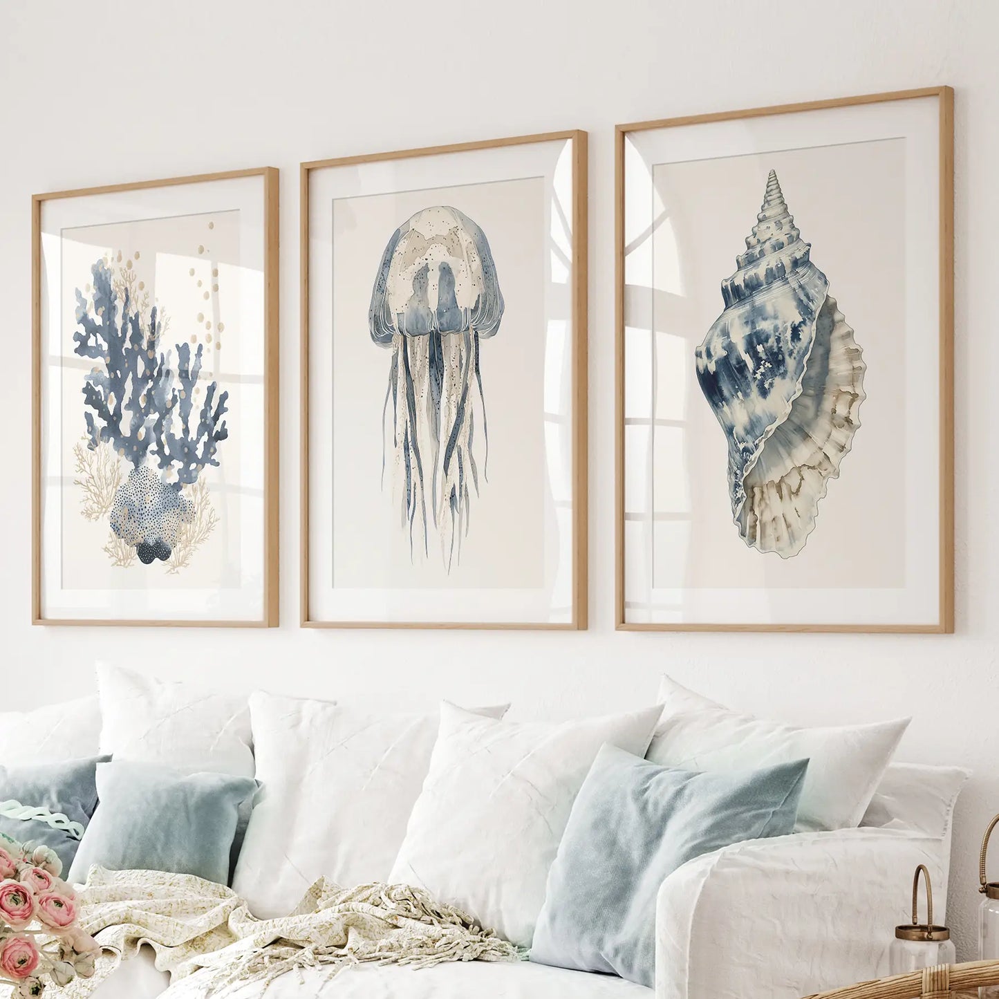 Beach House Wall Art Set. Blue Coral, Jellyfish, Shell