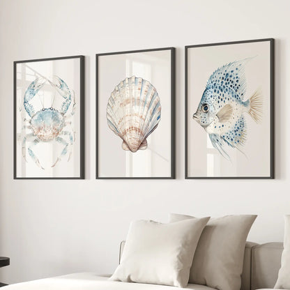 Watercolor Light Blue Nautical 3 Piece Art. Crab, Shell, Fish