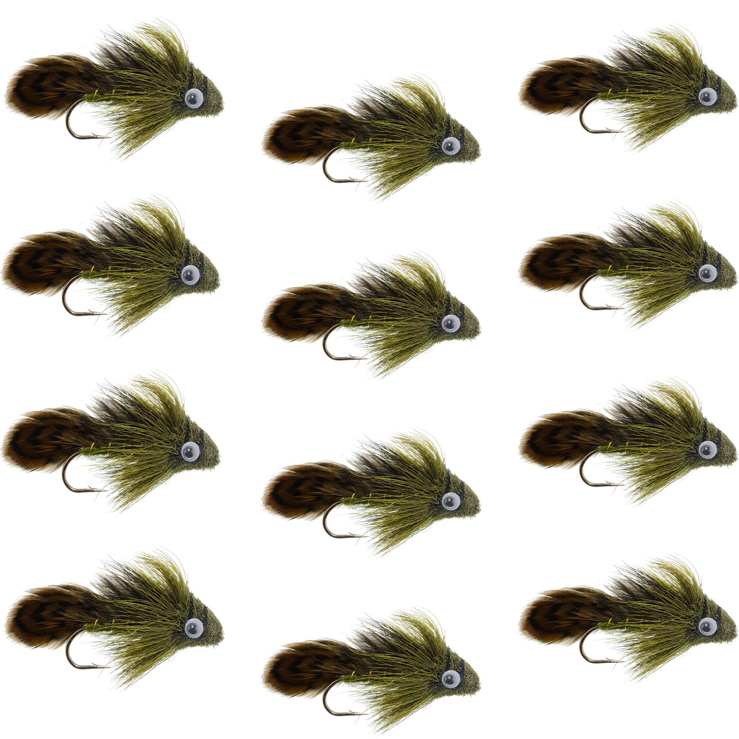 Big Eye Olive Sculpin Streamer Flies - 1 Dozen Bass and Trout Fly Fishing Flies - Hook Size 2