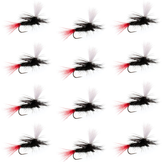 Barbless Parachute Black Gnat Red Tail Dry Fly - 12 Flies - Size 16