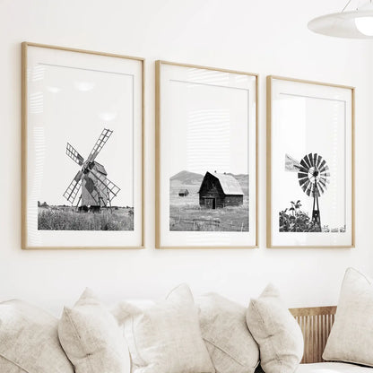 Black White Set of 3 Farm Style Prints. Windmill, Barn, Vane