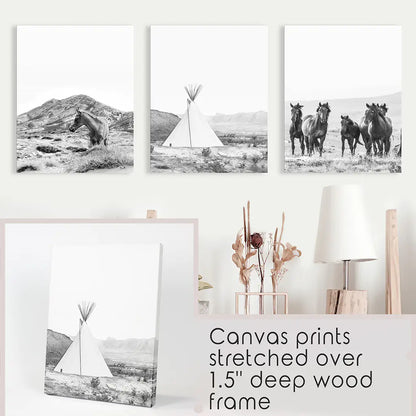 Black White Western Wall Art Set. Desert, Horses, Tepee