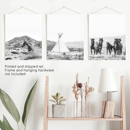 Black White Western Wall Art Set. Desert, Horses, Tepee