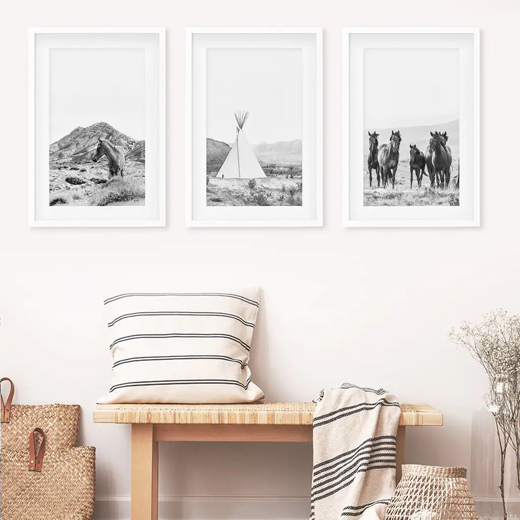 Black White Western Wall Art Set. Desert, Horses, Tepee
