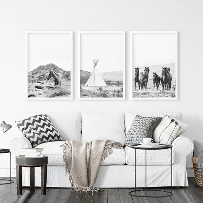 Black White Western Wall Art Set. Desert, Horses, Tepee