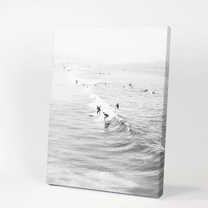 Black White Surfers on the Waves Wall Art Print