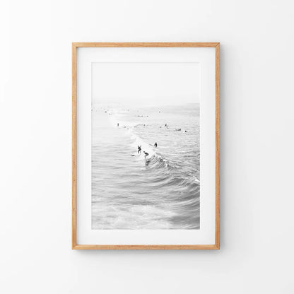 Black White Surfers on the Waves Wall Art Print