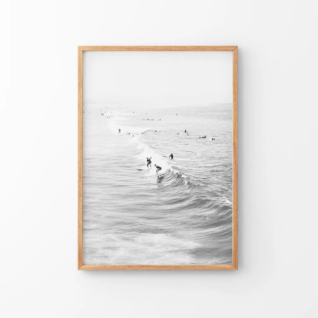 Black White Surfers on the Waves Wall Art Print