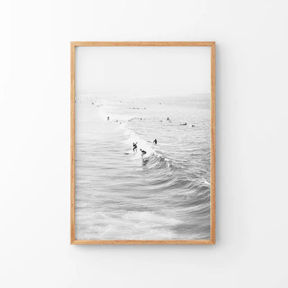 Black White Surfers on the Waves Wall Art Print
