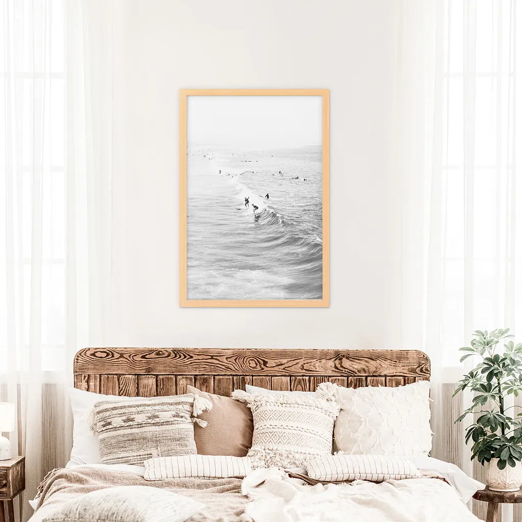 Black White Surfers on the Waves Wall Art Print