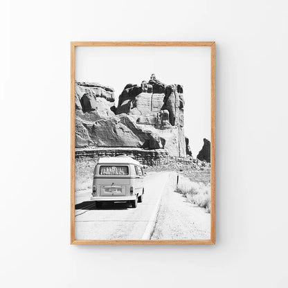 Black White Van Camper Poster. Utah National Park Wall Art