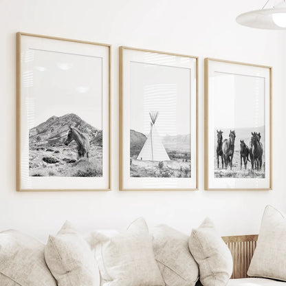 Black White Western Wall Art Set. Desert, Horses, Tepee