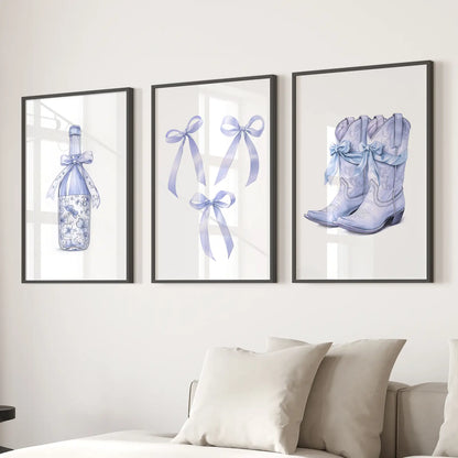 Trendy Blue Bows Girly Wall Art Set of 3 Print