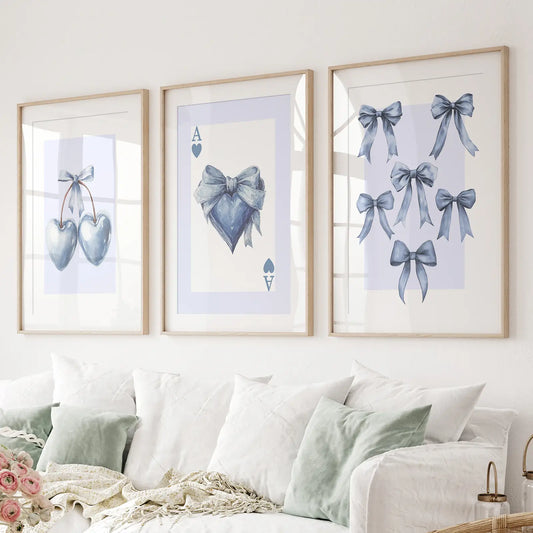 Blue Coquette Bows Wall Art Set of 3 Prints Decor