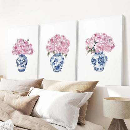 Blue Chinoiserie Watercolor Roses Art Print Set
