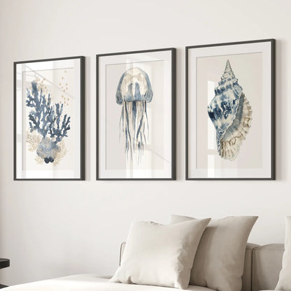 Beach House Wall Art Set. Blue Coral, Jellyfish, Shell