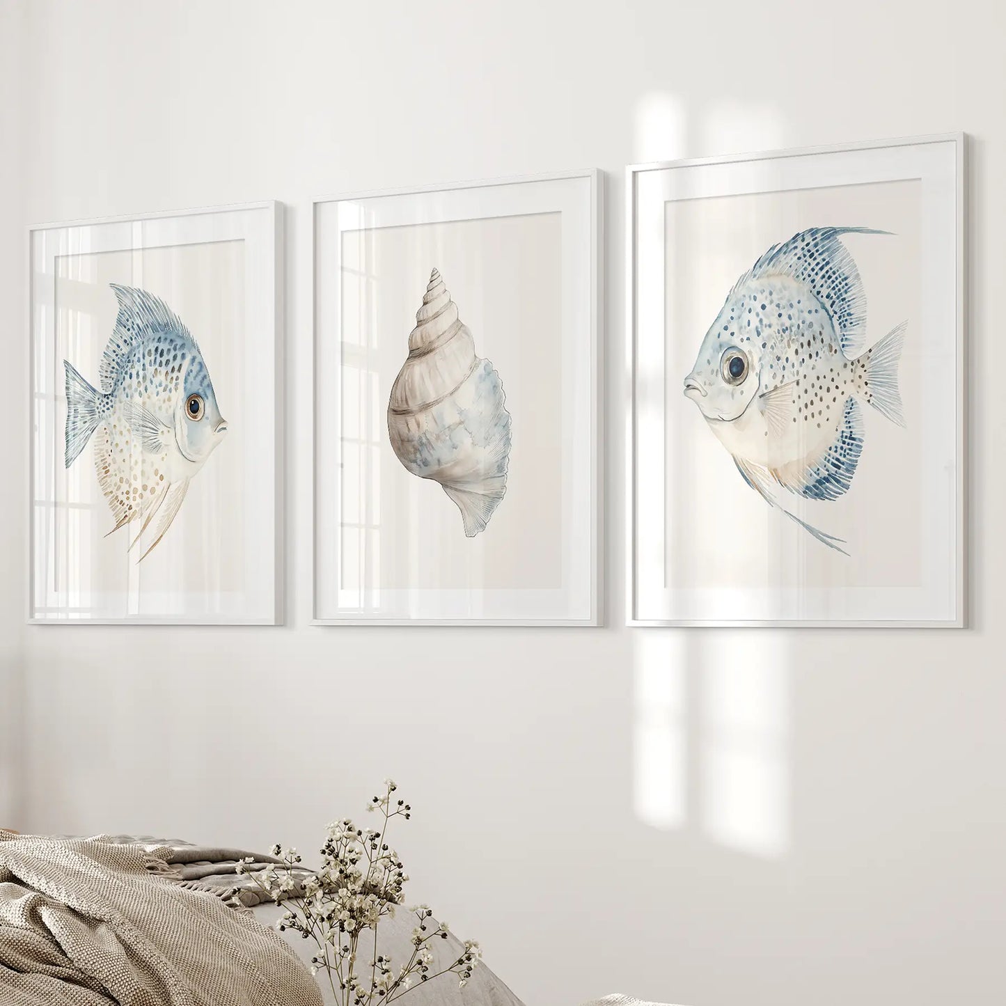Trendy Nautical Wall Art Set of 3. Seashell and Fishes Posters