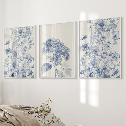 Chinoiserie Blue Flowers Watercolor Poster Decor