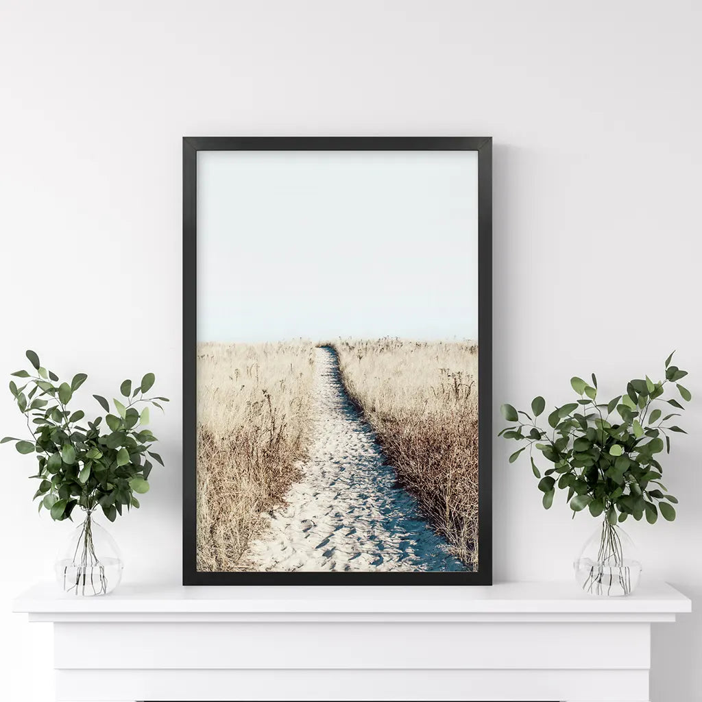 Calm Beach Wall Art Print. Sand Dunes, Dried Grass