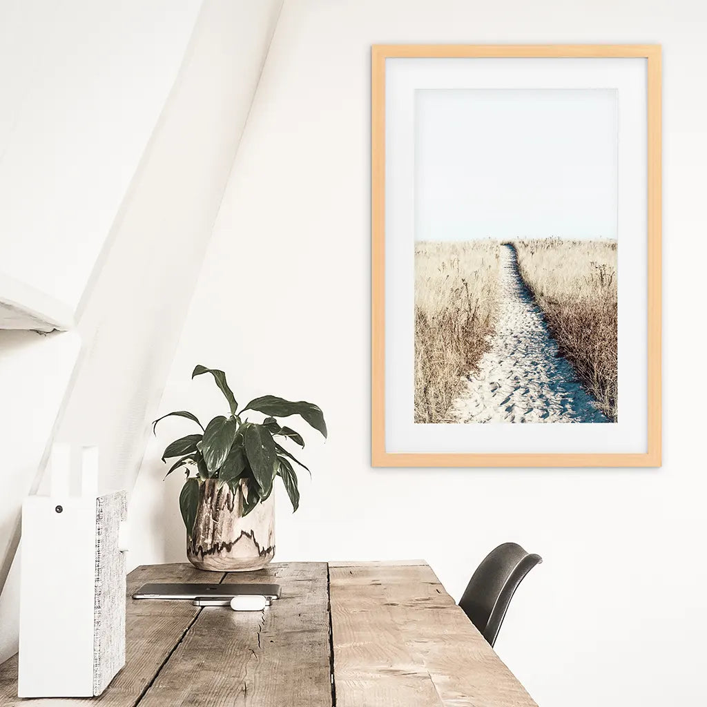 Calm Beach Wall Art Print. Sand Dunes, Dried Grass