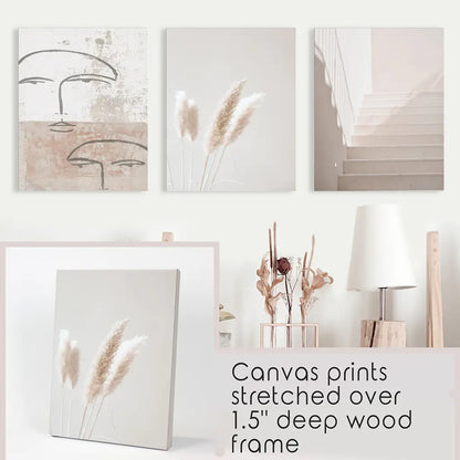 Boho Minimalist Wall Art Set. Abstract Faces, Grass, Stairs