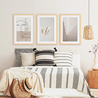 Boho Minimalist Wall Art Set. Abstract Faces, Grass, Stairs