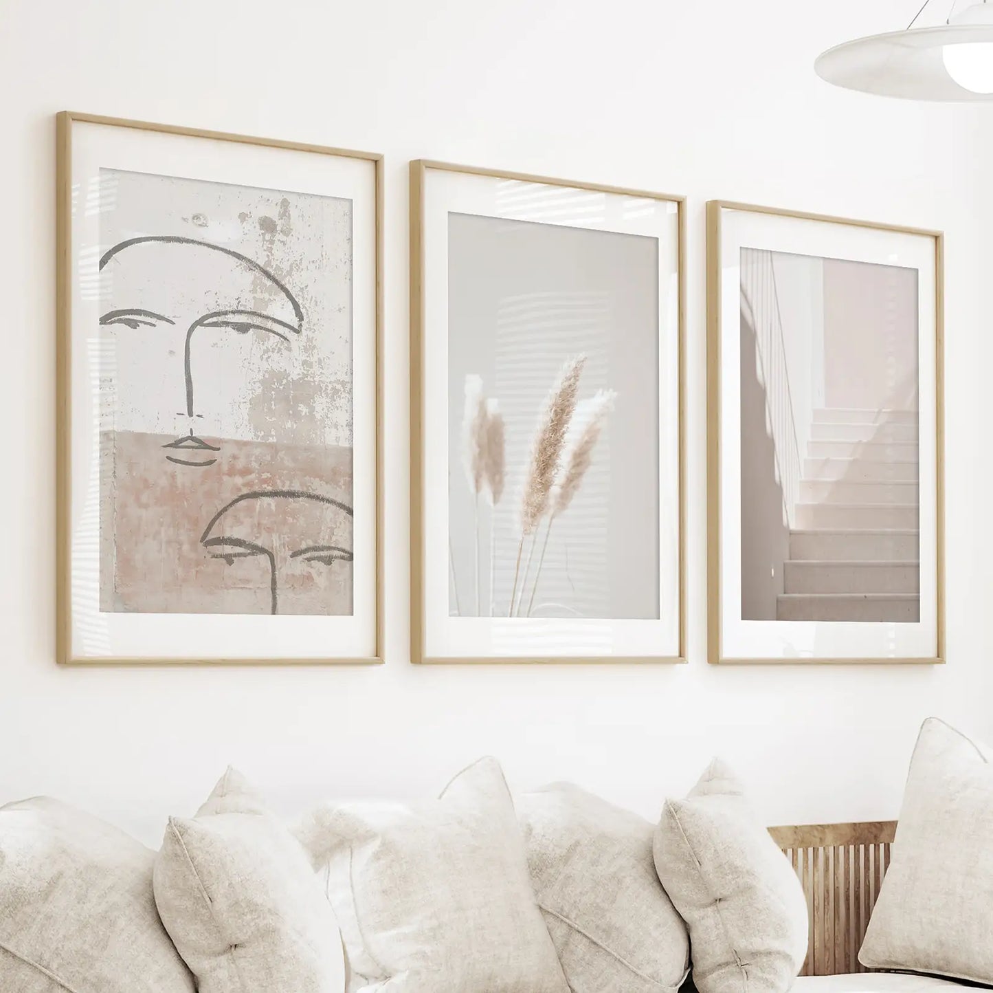 Boho Minimalist Wall Art Set. Abstract Faces, Grass, Stairs