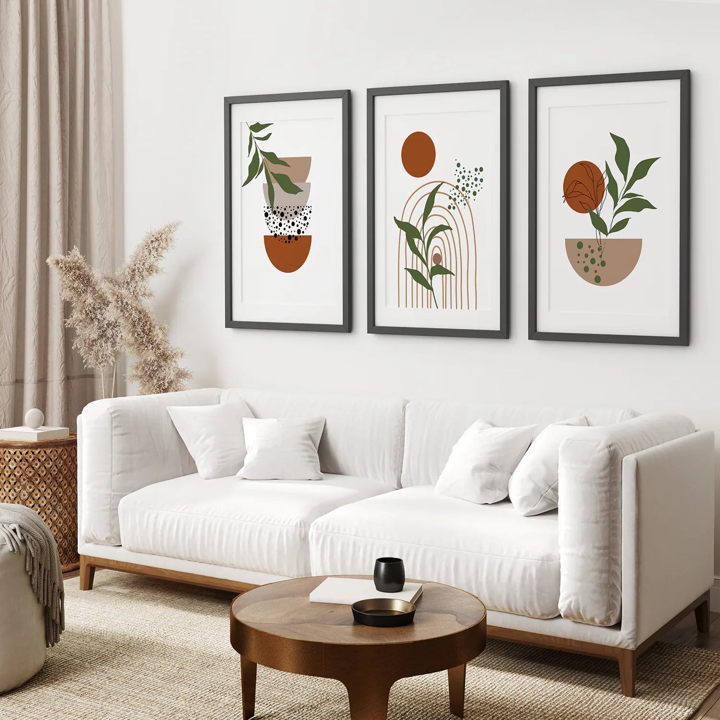 Abstract Green Leaves Wall Art Set of 3 Pieces. Earth Tones