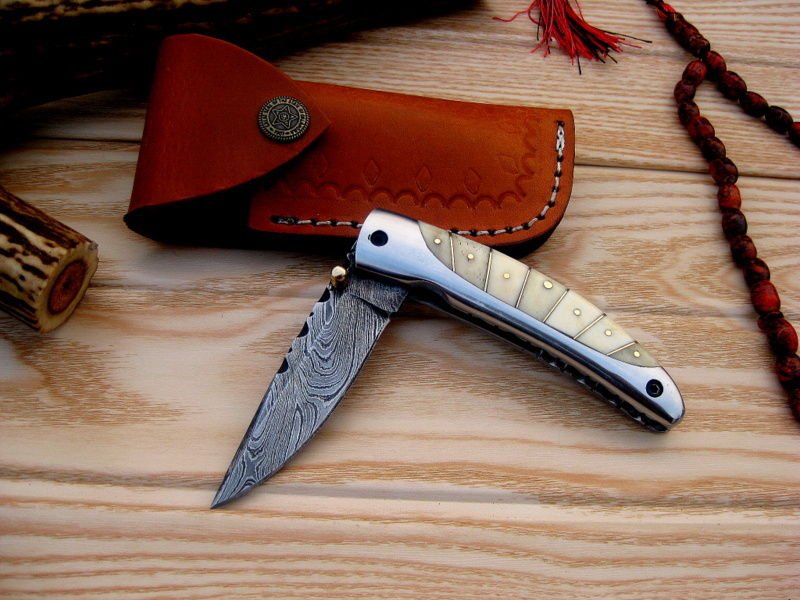 Everyday Carry Damascus Steel Pocket Knife - Bone and Steel Elegance