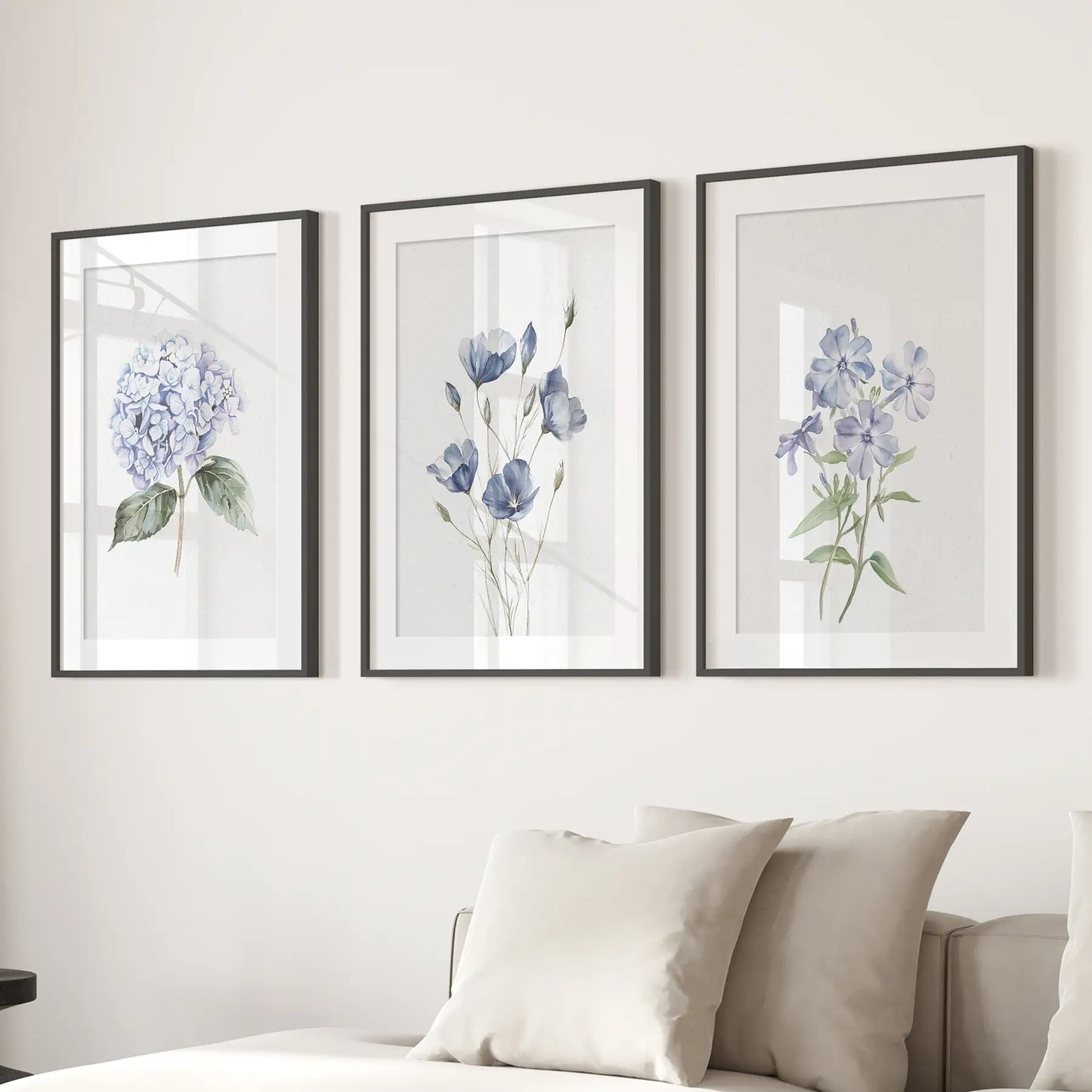 Watercolor Blue Flowers.Wall Art Set of 3 Piece