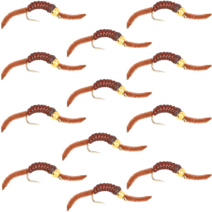 Barbless Tungsten San Juan Bead Head Power Worm Brown 12 Flies Size 12