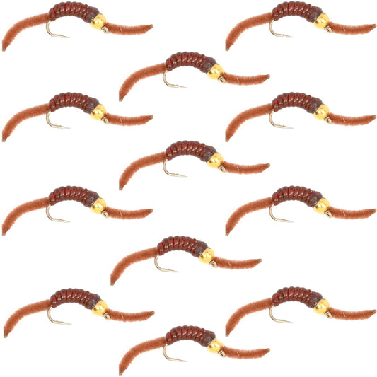 Barbless Tungsten San Juan Bead Head Power Worm Brown 12 Flies Size 14