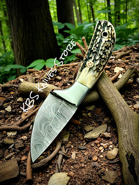 Buckaroo Knife for Rancher – 5.5" Damascus Steel Full Tang Blade with Antler Horn & Leather Sheath