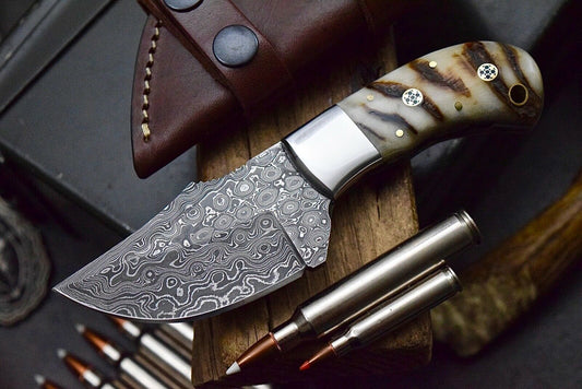 Custom Skinning Hunter’s Knife | Raindrops Damascus Steel Blade with Sheep Horn Handle | 7.2 Inches | Leather Sheath | KBS Knives