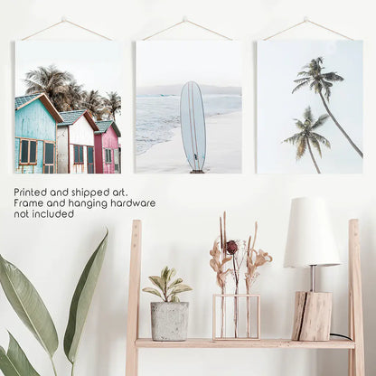 California Boho Wall Art. Surfboard, Palms, Beach, Cabins