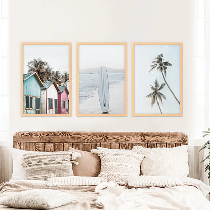 California Boho Wall Art. Surfboard, Palms, Beach, Cabins