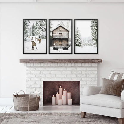Christmas Theme Wall Art Set. Reindeer, Log Cabin, Forest