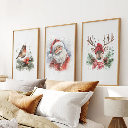 Christmas Print Set of 3: Santa, Reindeer, Holiday Wall Art