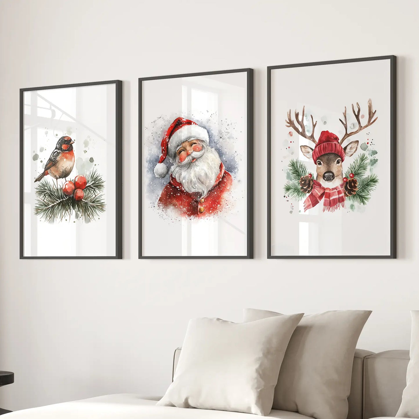 Christmas Print Set of 3: Santa, Reindeer, Holiday Wall Art