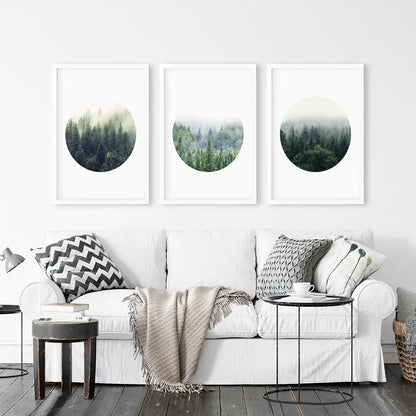 Nordic Forest Circle Wall Art. Set of 3 Scandinavian Prints
