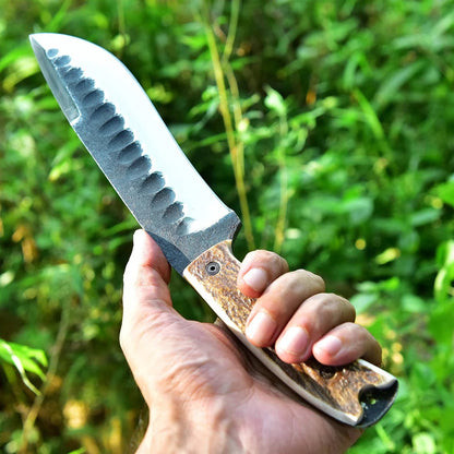 Frontier Survival Camping Knife – 12" Custom Handmade High Carbon Forged Steel Blade with Antler Horn Handle