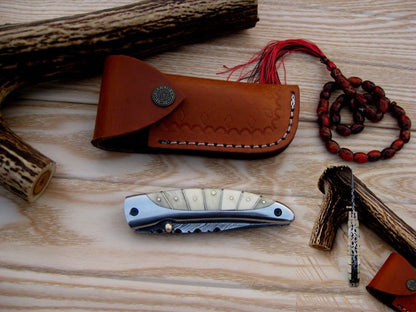 Everyday Carry Damascus Steel Pocket Knife - Bone and Steel Elegance