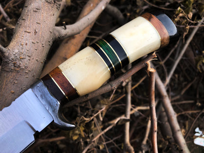 Custom Handmade D2 Steel Bowie Knife – 14-Inch Blade with Bone & Colored Wood Handle, Damascus Guard & Leather Sheath | Perfect for Hunting – KBS Knives