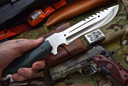 Combat Bushcraft Survival Camping Knife - Custom Handcrafted D2 Mirror Polished Steel Blade, Micarta G10 Handle, 13.5" Overall Length | Leather Sheath | KBS Knives