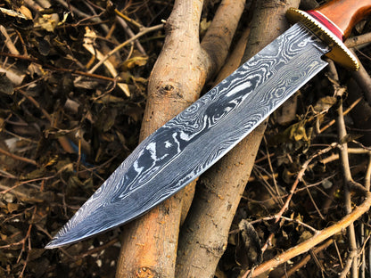 Real Bowie Knife for Sale – Custom Handmade Damascus Steel Blade with Walnut Wood Handle, Brass Guard & Leather Sheath | 14-Inch Hunting Knife – KBS Knives
