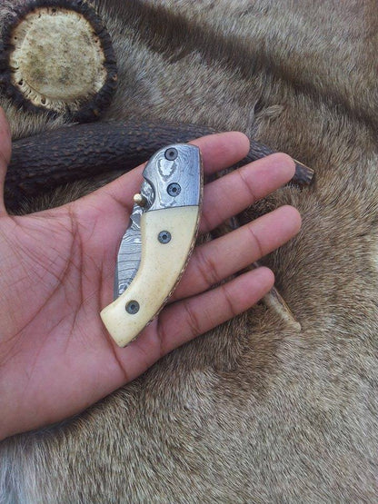 Everyday Carry Damascus Steel Folding Pocket Knife with Bone Handle & Damascus Bolster