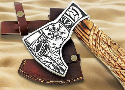 Norse Axe with Custom Handmade Forged 1095 Steel Blade and Hand Engraved Ash Wood Handle – Odin’s Edge